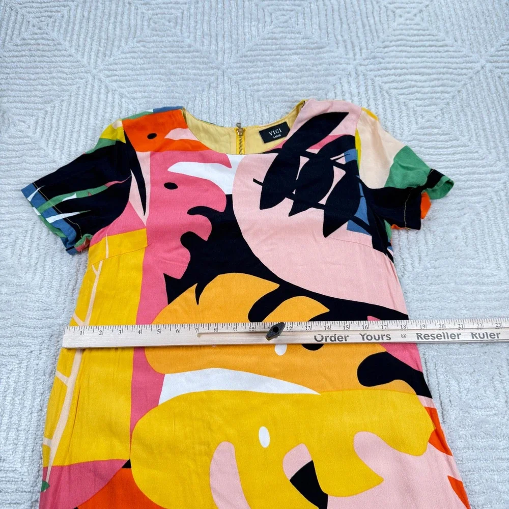 VICI Shift Dress Womens L Tropical Mini Summer AOP Colorblock Resort Art Pop